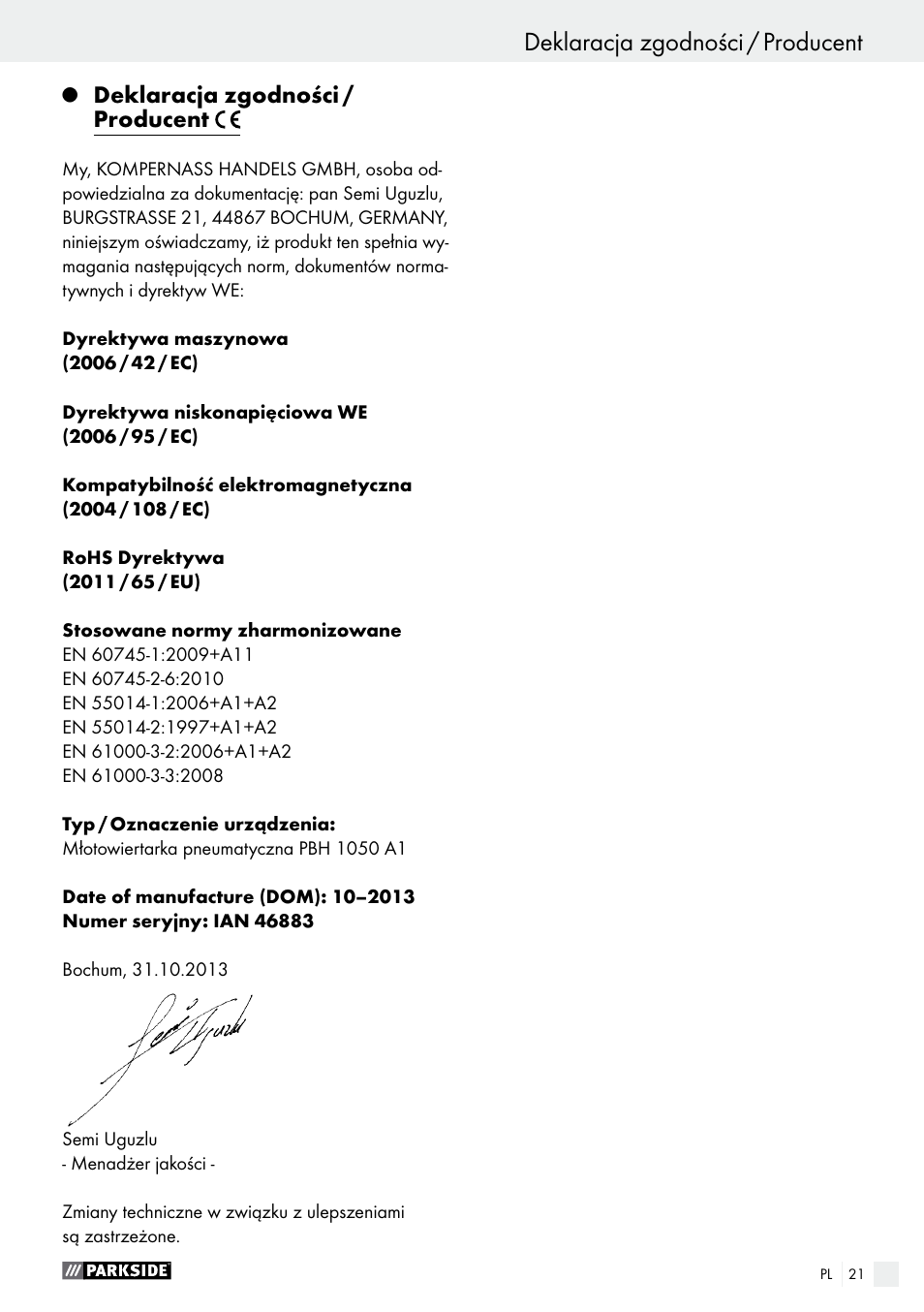 Deklaracja zgodności / producent | Parkside PBH 1050 A1 User Manual | Page 21 / 68