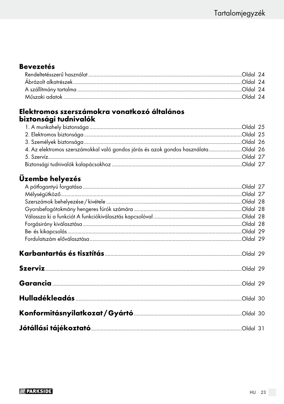 Tartalomjegyzék | Parkside PBH 1050 A1 User Manual | Page 23 / 68