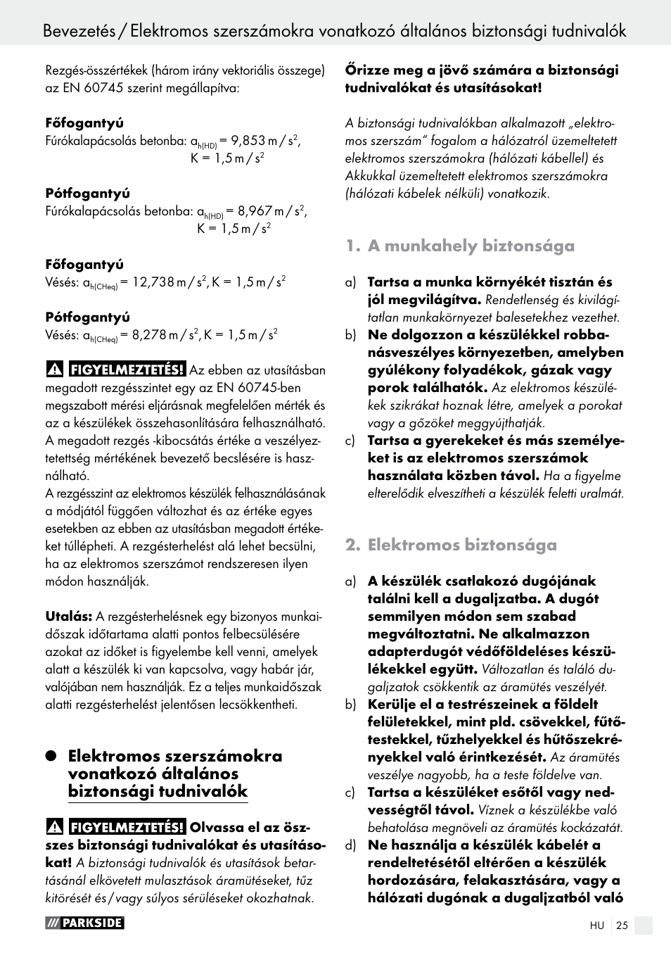 A munkahely biztonsága, Elektromos biztonsága | Parkside PBH 1050 A1 User Manual | Page 25 / 68