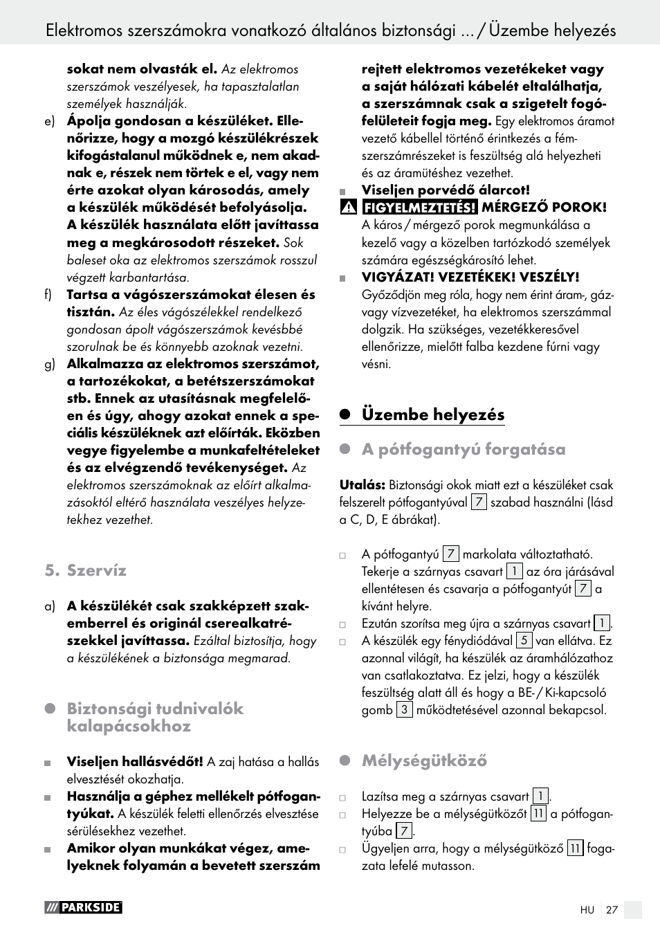 Szervíz, Biztonsági tudnivalók kalapácsokhoz, Üzembe helyezés | A pótfogantyú forgatása, Mélységütköző | Parkside PBH 1050 A1 User Manual | Page 27 / 68