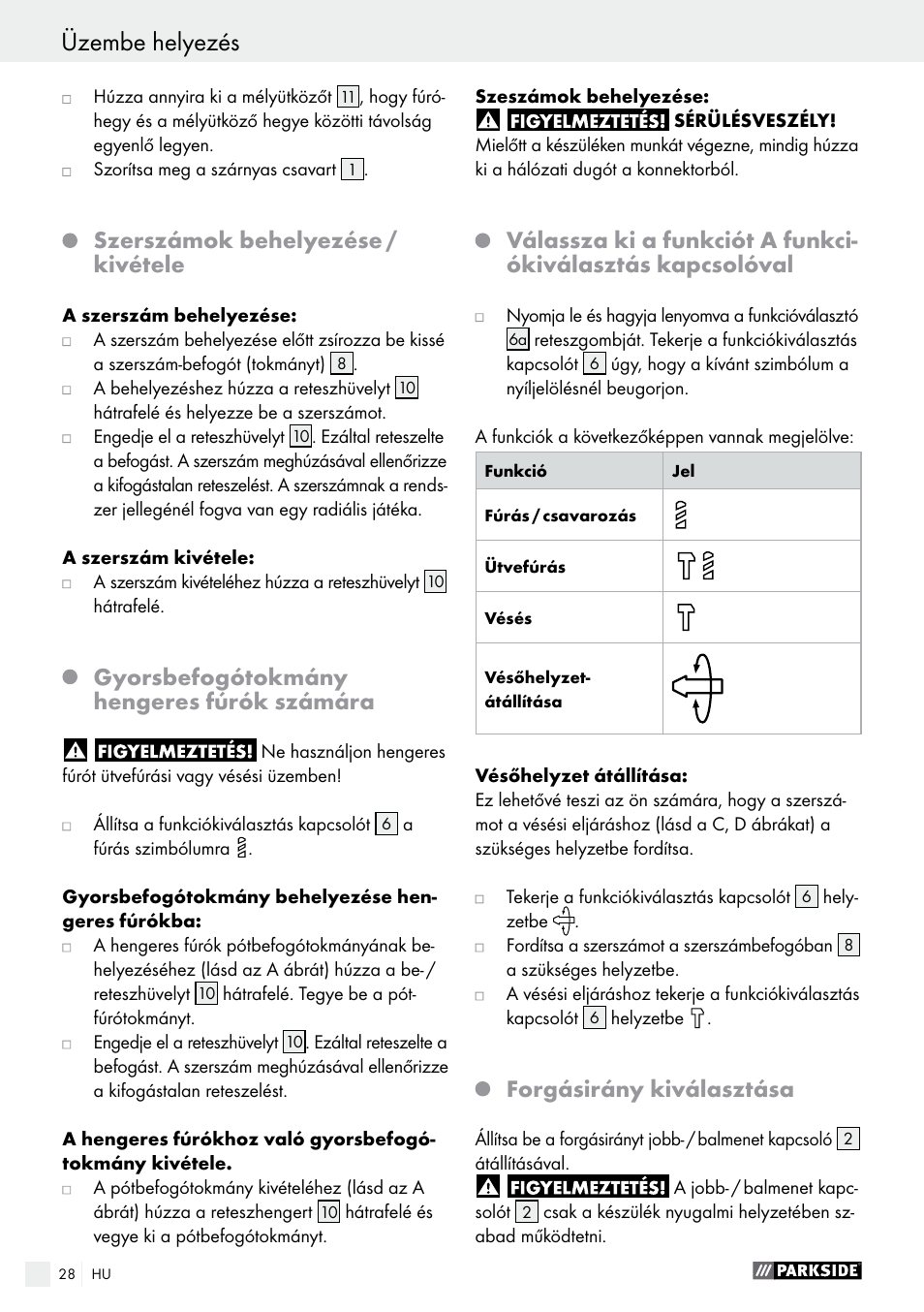 Szerszámok behelyezése / kivétele, Gyorsbefogótokmány hengeres fúrók számára, Forgásirány kiválasztása | Parkside PBH 1050 A1 User Manual | Page 28 / 68