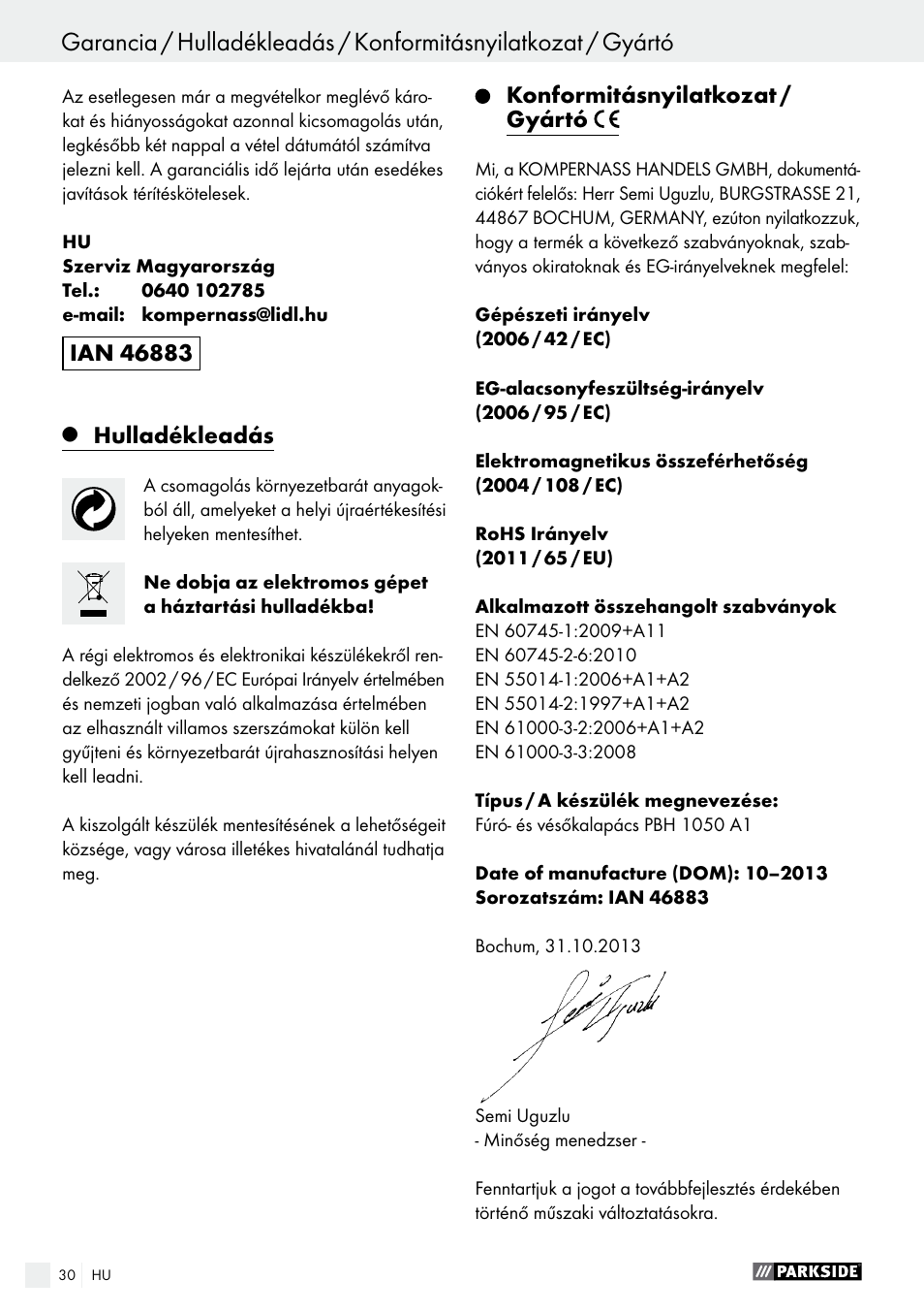 Hulladékleadás, Konformitásnyilatkozat / gyártó | Parkside PBH 1050 A1 User Manual | Page 30 / 68