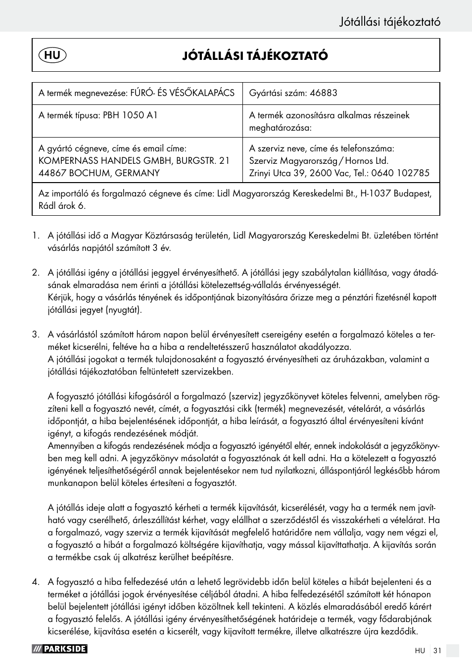 Jótállási tájékoztató | Parkside PBH 1050 A1 User Manual | Page 31 / 68