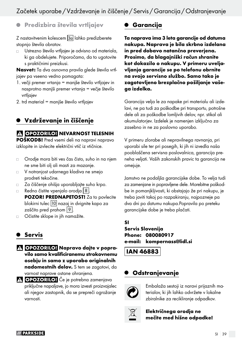 Predizbira števila vrtljajev, Vzdrževanje in čiščenje, Servis | Garancija, Odstranjevanje | Parkside PBH 1050 A1 User Manual | Page 39 / 68