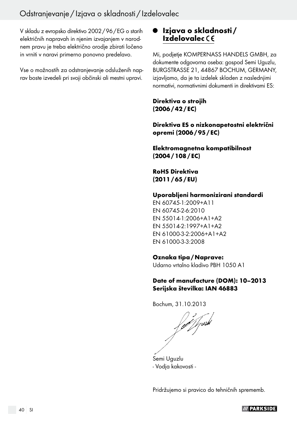 Odstranjevanje / izjava o skladnosti / izdelovalec, Garancijski list, Izjava o skladnosti / izdelovalec | Parkside PBH 1050 A1 User Manual | Page 40 / 68