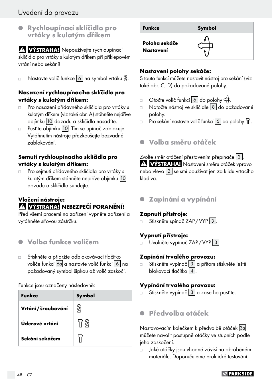 Uvedení do provozu, Volba funkce voličem, Volba směru otáček | Zapínání a vypínání, Předvolba otáček | Parkside PBH 1050 A1 User Manual | Page 48 / 68