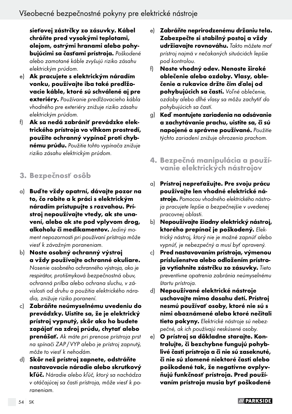 Bezpečnosť osôb | Parkside PBH 1050 A1 User Manual | Page 54 / 68