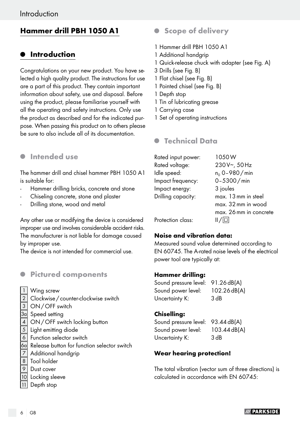 Introduction, Intended use, Pictured components | Scope of delivery, Technical data | Parkside PBH 1050 A1 User Manual | Page 6 / 68