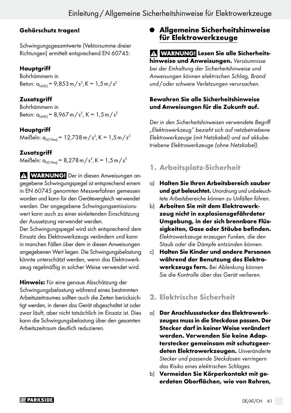 Arbeitsplatz-sicherheit, Elektrische sicherheit | Parkside PBH 1050 A1 User Manual | Page 61 / 68