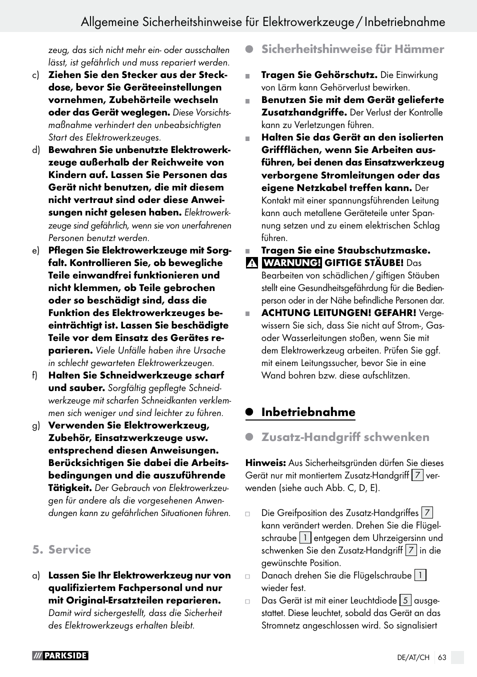 Service, Sicherheitshinweise für hämmer, Inbetriebnahme | Zusatz-handgriff schwenken | Parkside PBH 1050 A1 User Manual | Page 63 / 68