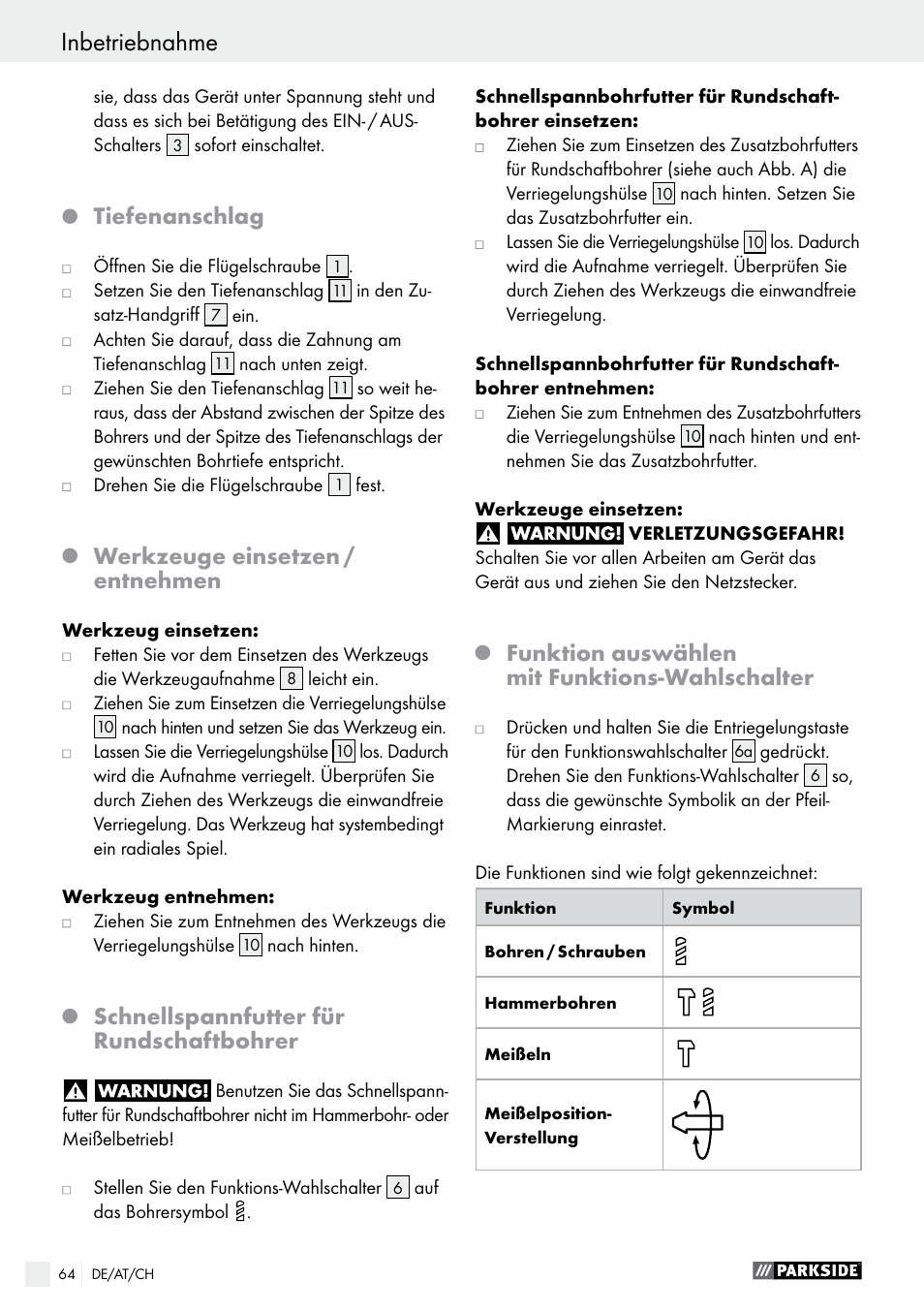 Tiefenanschlag, Werkzeuge einsetzen / entnehmen, Schnellspannfutter für rundschaftbohrer | Funktion auswählen mit funktions-wahlschalter | Parkside PBH 1050 A1 User Manual | Page 64 / 68