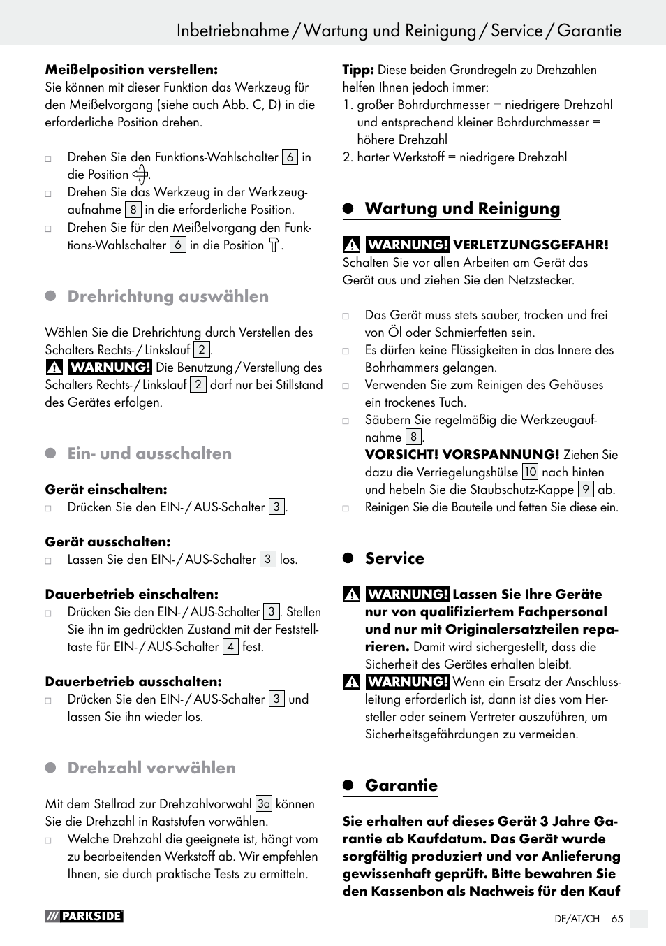 Drehrichtung auswählen, Ein- und ausschalten, Drehzahl vorwählen | Wartung und reinigung, Service, Garantie | Parkside PBH 1050 A1 User Manual | Page 65 / 68