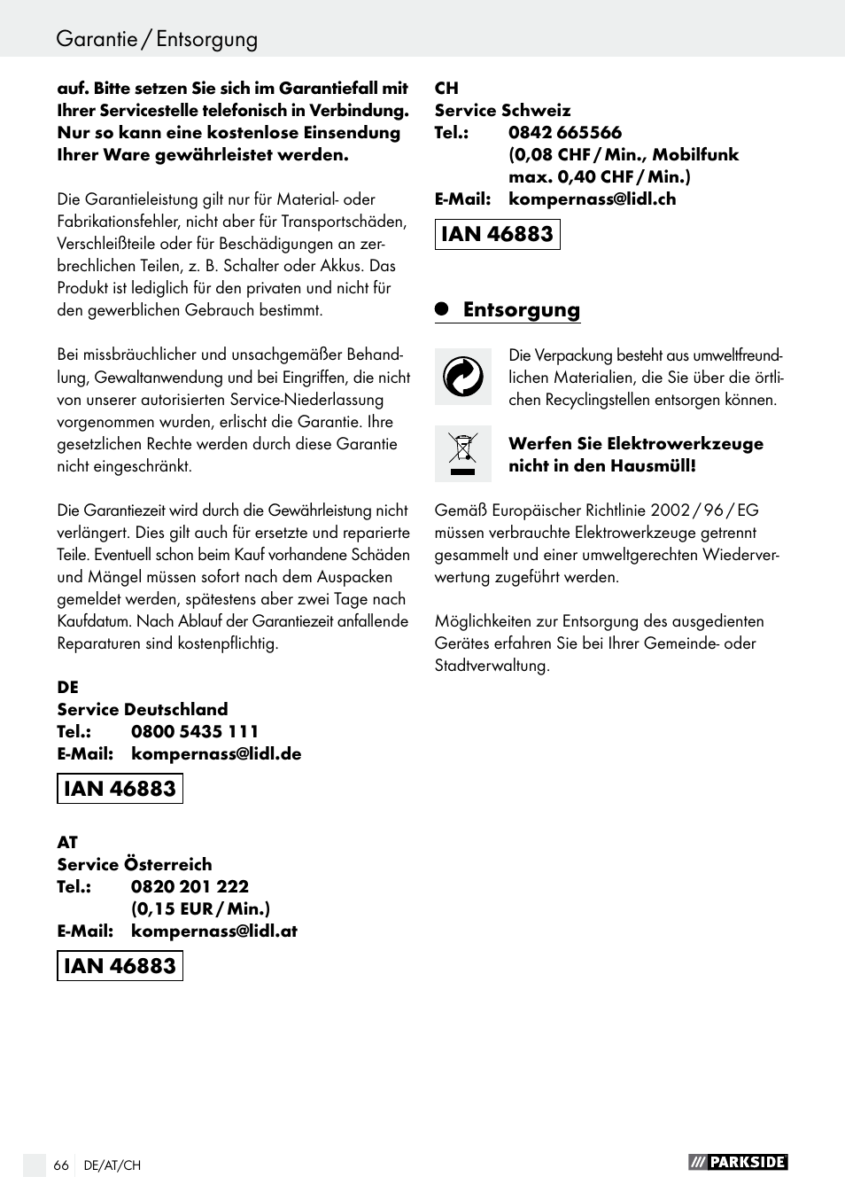 Garantie / entsorgung, Konformitätserklärung / hersteller | Parkside PBH 1050 A1 User Manual | Page 66 / 68