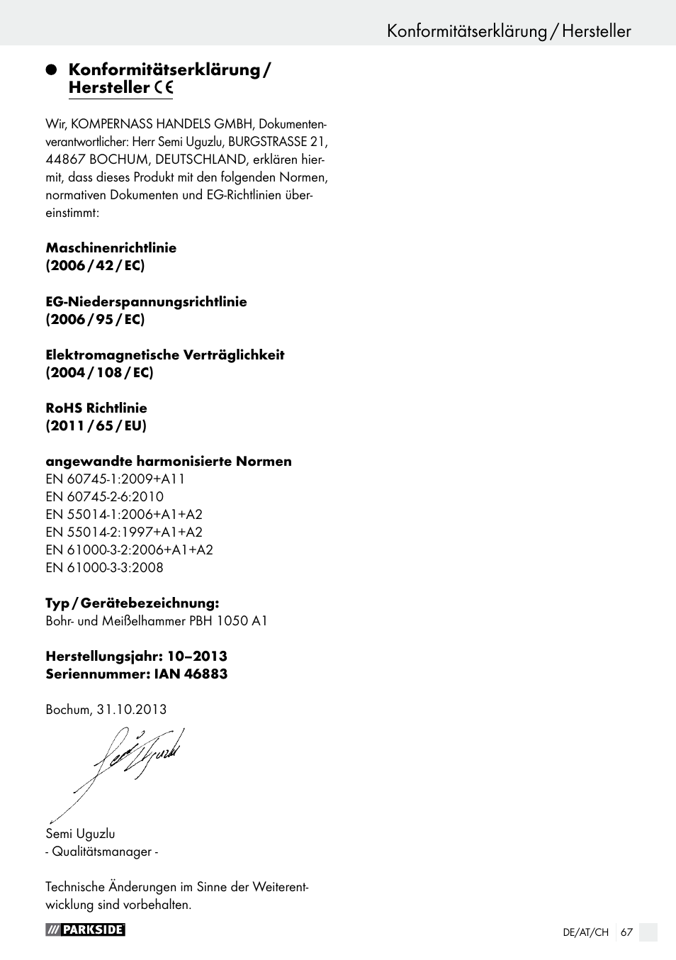 Parkside PBH 1050 A1 User Manual | Page 67 / 68