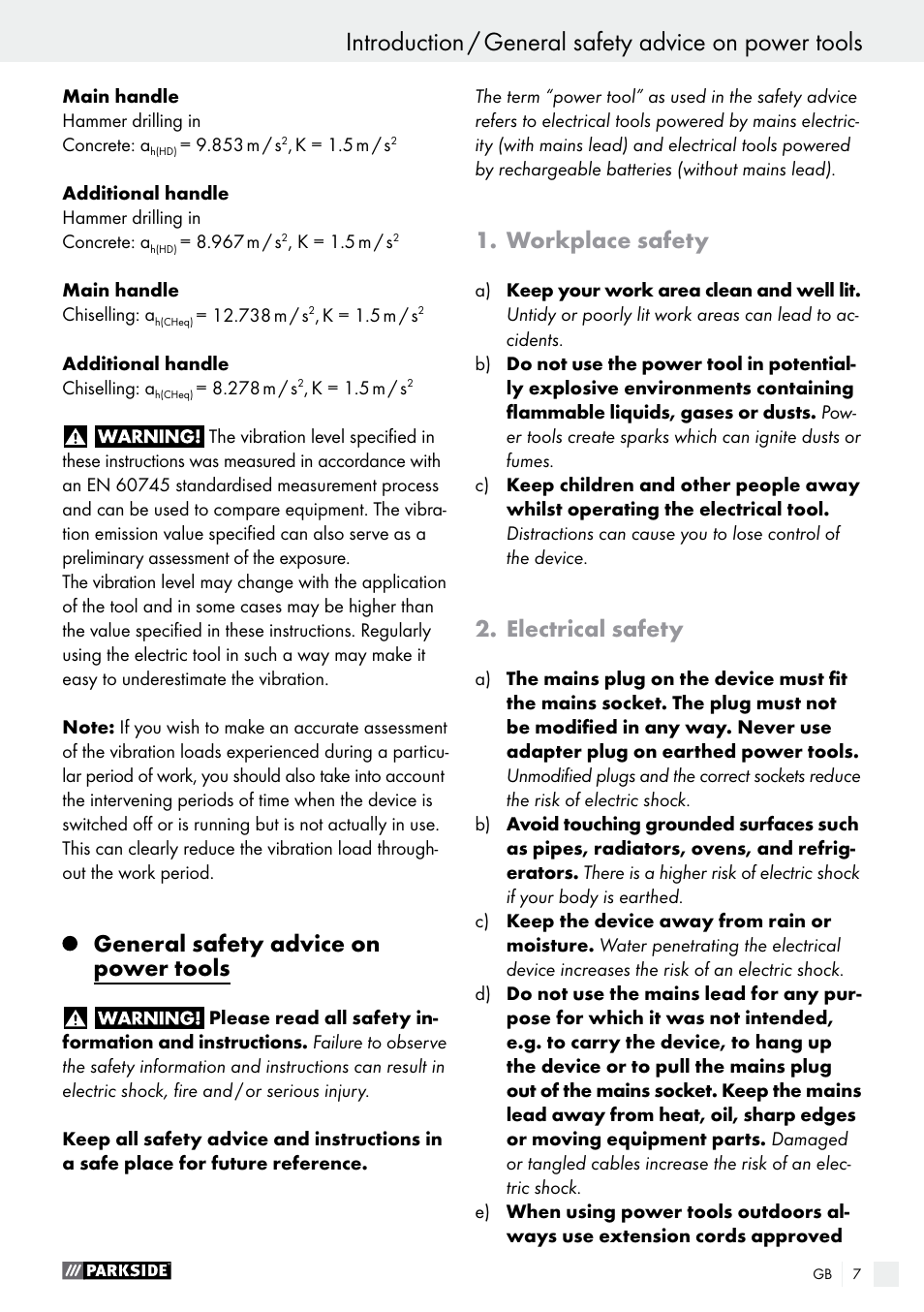 General safety advice on power tools, Workplace safety, Electrical safety | Parkside PBH 1050 A1 User Manual | Page 7 / 68