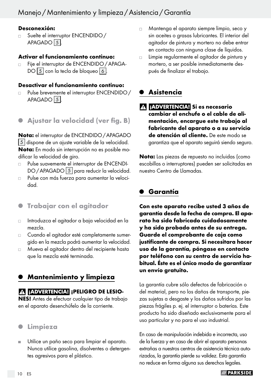 Ajustar la velocidad (ver fig. b), Trabajar con el agitador, Mantenimiento y limpieza | Limpieza, Asistencia, Garantía | Parkside PFMR 1400 B1 User Manual | Page 10 / 36