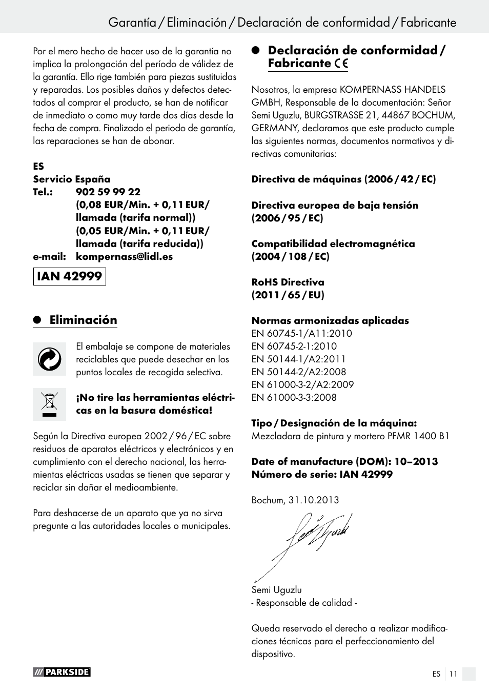 Eliminación, Declaración de conformidad / fabricante | Parkside PFMR 1400 B1 User Manual | Page 11 / 36
