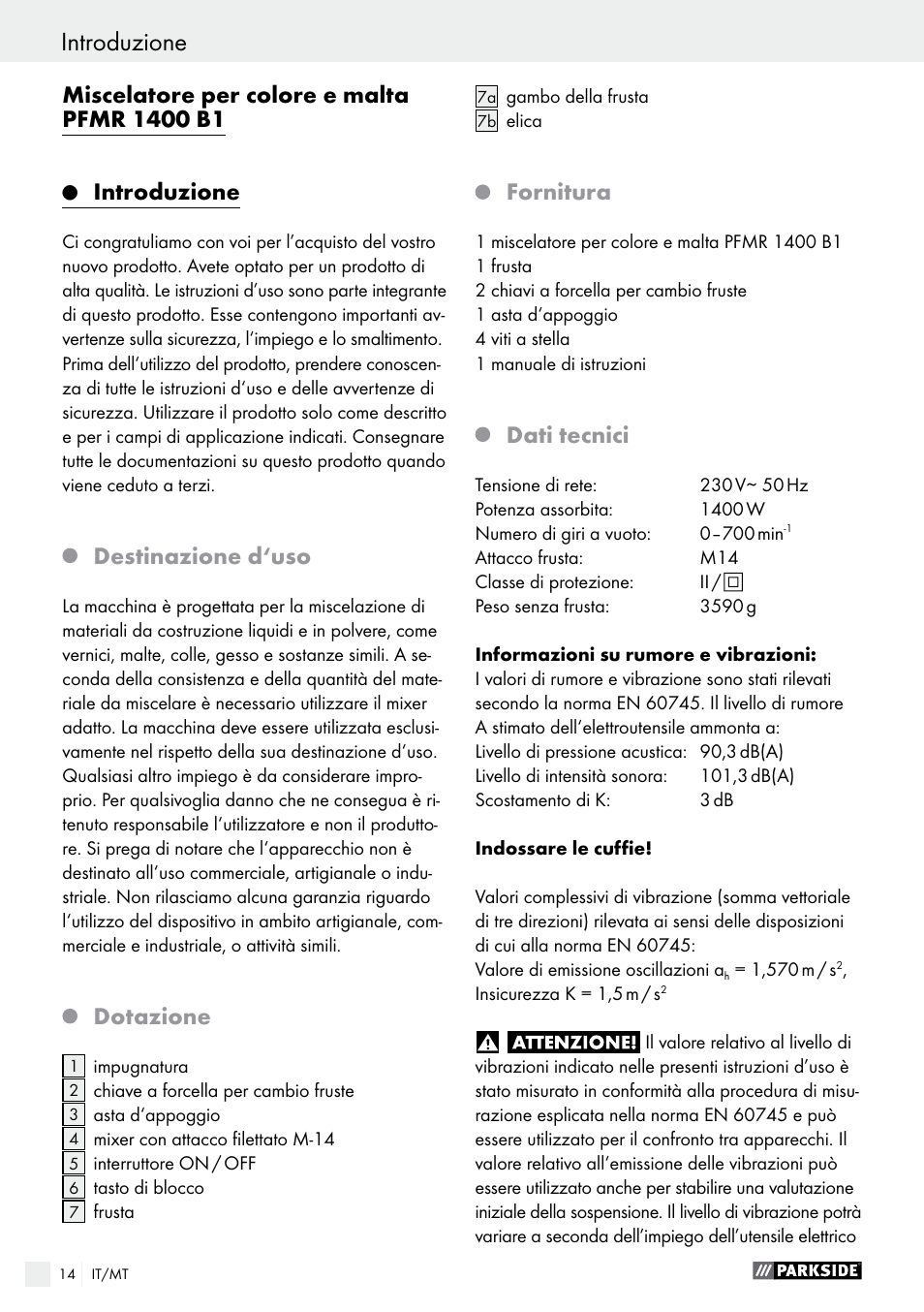 Introduzione, Destinazione d‘uso, Dotazione | Fornitura, Dati tecnici | Parkside PFMR 1400 B1 User Manual | Page 14 / 36