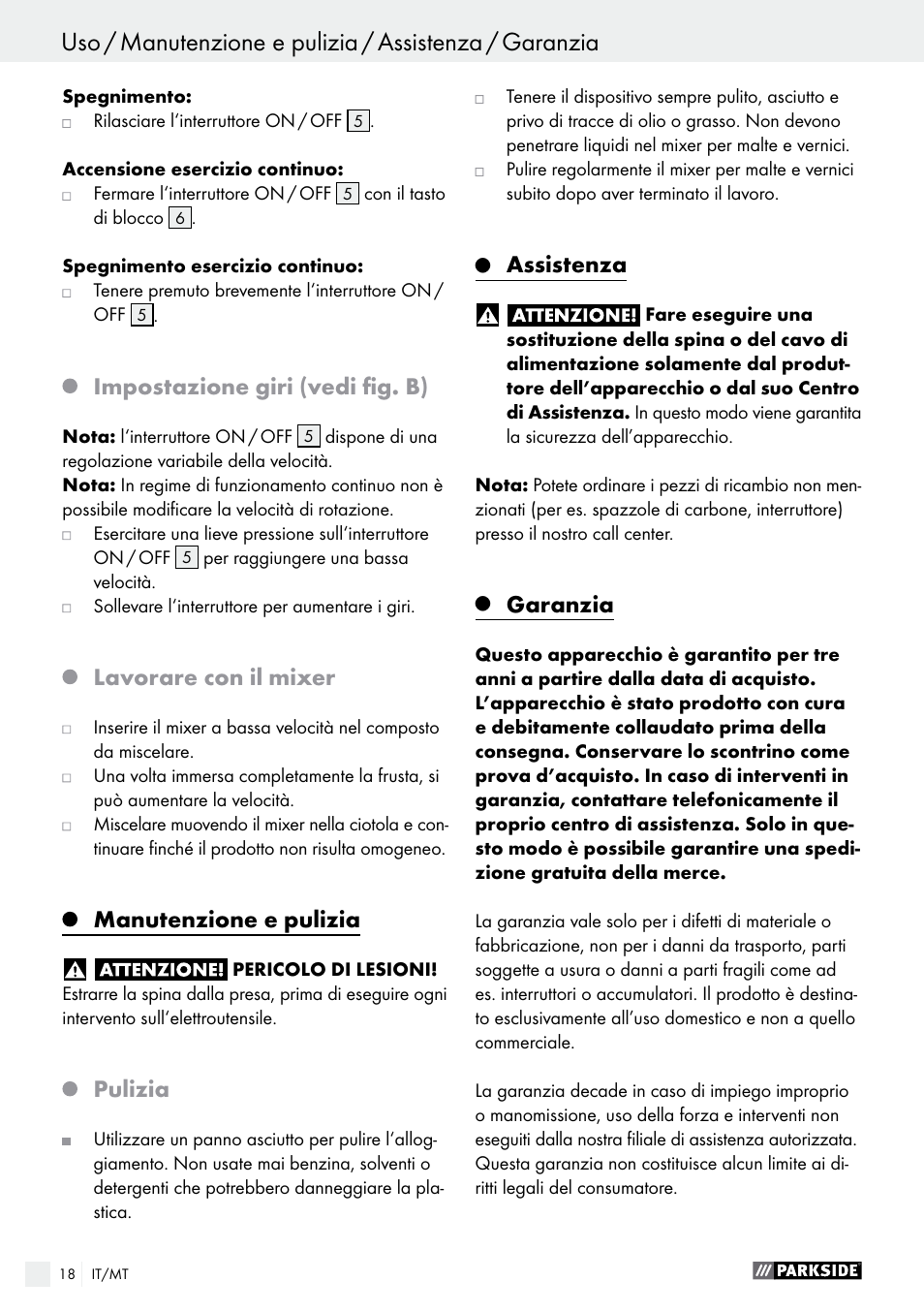 Impostazione giri (vedi fig. b), Lavorare con il mixer, Manutenzione e pulizia | Pulizia, Assistenza, Garanzia | Parkside PFMR 1400 B1 User Manual | Page 18 / 36