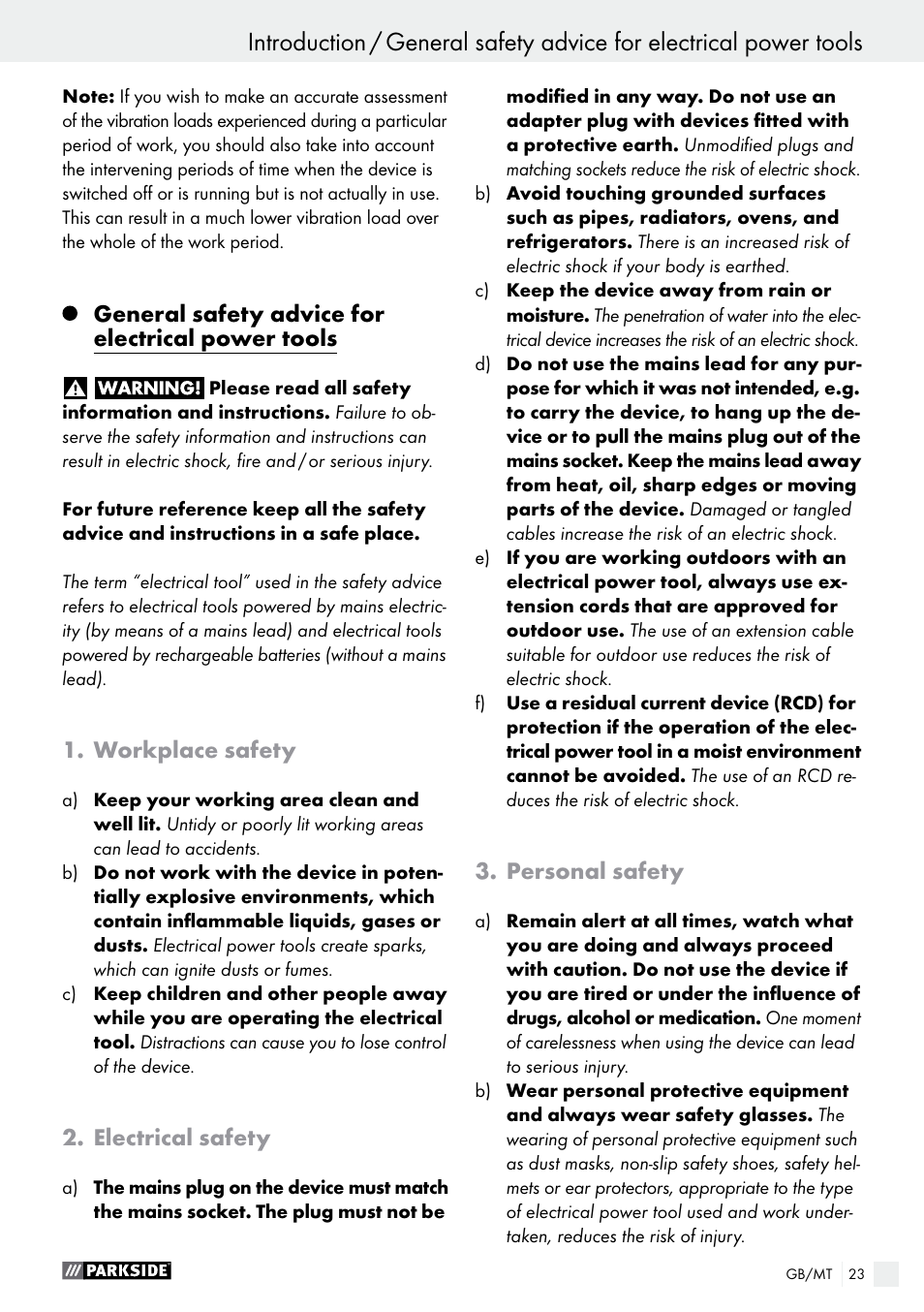 General safety advice for electrical power tools, Workplace safety, Electrical safety | Personal safety | Parkside PFMR 1400 B1 User Manual | Page 23 / 36