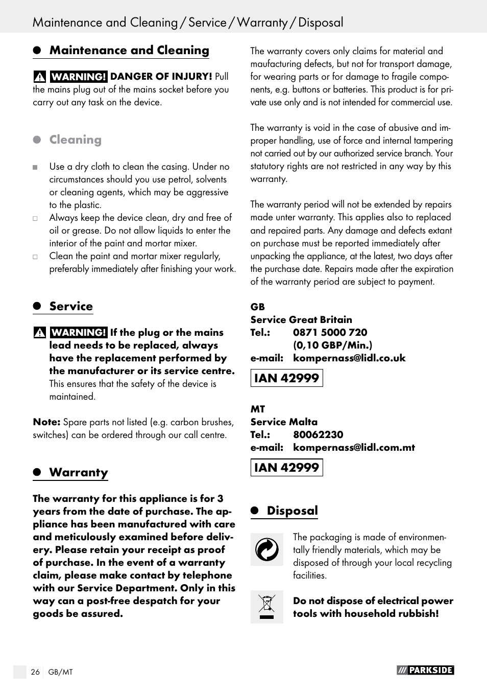 Maintenance and cleaning, Cleaning, Service | Warranty, Disposal | Parkside PFMR 1400 B1 User Manual | Page 26 / 36