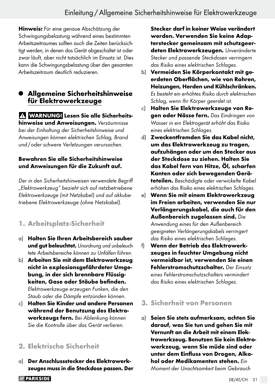 Arbeitsplatz-sicherheit, Elektrische sicherheit, Sicherheit von personen | Parkside PFMR 1400 B1 User Manual | Page 31 / 36