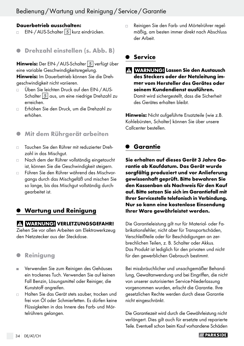 Drehzahl einstellen (s. abb. b), Mit dem rührgerät arbeiten, Wartung und reinigung | Reinigung, Service, Garantie | Parkside PFMR 1400 B1 User Manual | Page 34 / 36