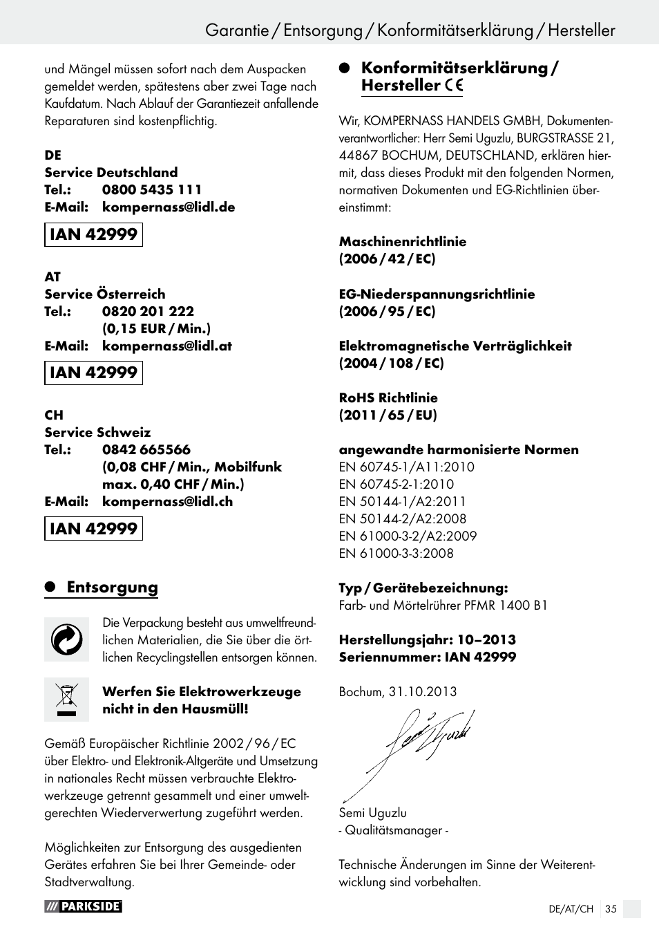 Entsorgung, Konformitätserklärung / hersteller | Parkside PFMR 1400 B1 User Manual | Page 35 / 36