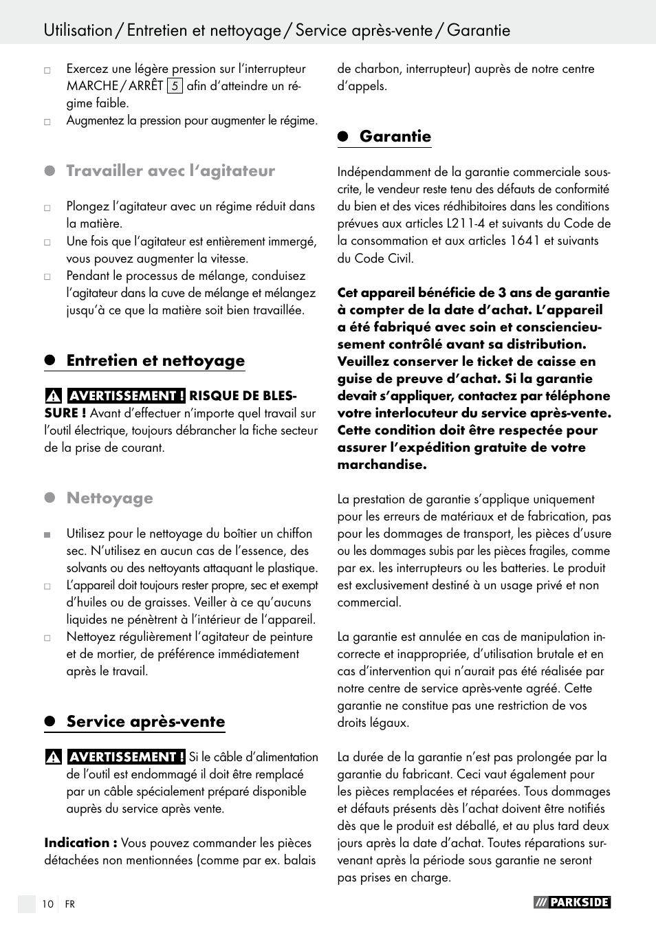 Travailler avec l‘agitateur, Entretien et nettoyage, Nettoyage | Service après-vente, Garantie | Parkside PFMR 1400 B1 User Manual | Page 10 / 28