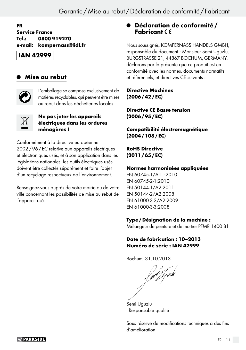 Mise au rebut, Déclaration de conformité / fabricant | Parkside PFMR 1400 B1 User Manual | Page 11 / 28