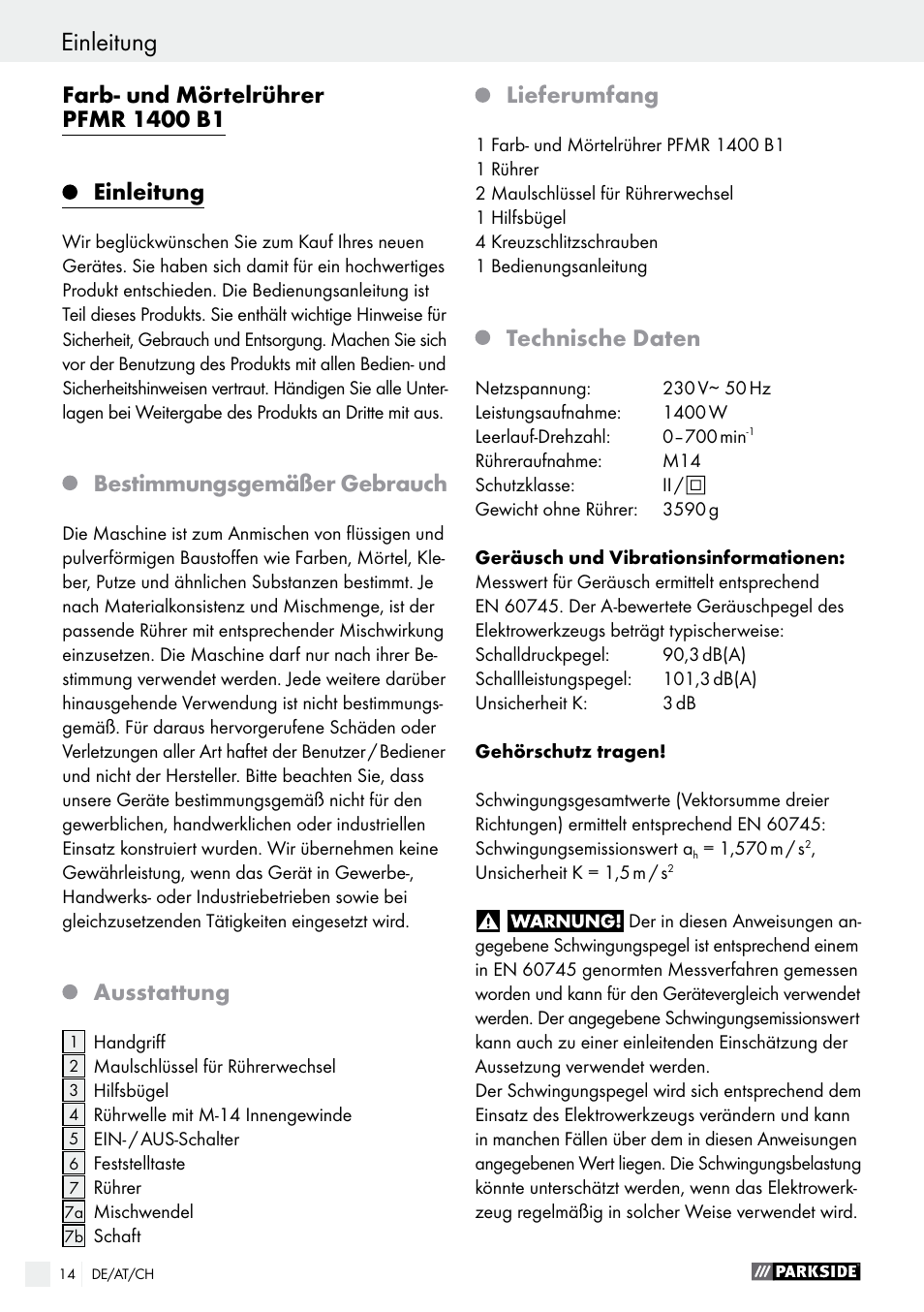 Einleitung, Bestimmungsgemäßer gebrauch, Ausstattung | Lieferumfang, Technische daten | Parkside PFMR 1400 B1 User Manual | Page 14 / 28