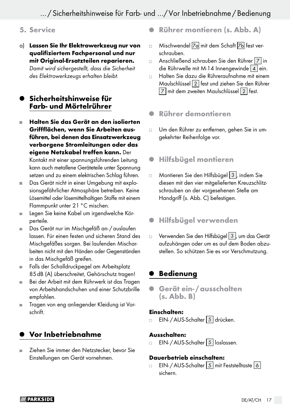 Service, Sicherheitshinweise für farb- und mörtelrührer, Vor inbetriebnahme | Rührer montieren (s. abb. a), Rührer demontieren, Hilfsbügel montieren, Hilfsbügel verwenden, Bedienung, Gerät ein- / ausschalten (s. abb. b) | Parkside PFMR 1400 B1 User Manual | Page 17 / 28