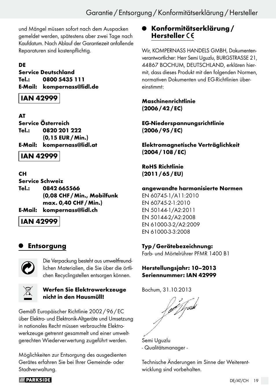 Entsorgung, Konformitätserklärung / hersteller | Parkside PFMR 1400 B1 User Manual | Page 19 / 28