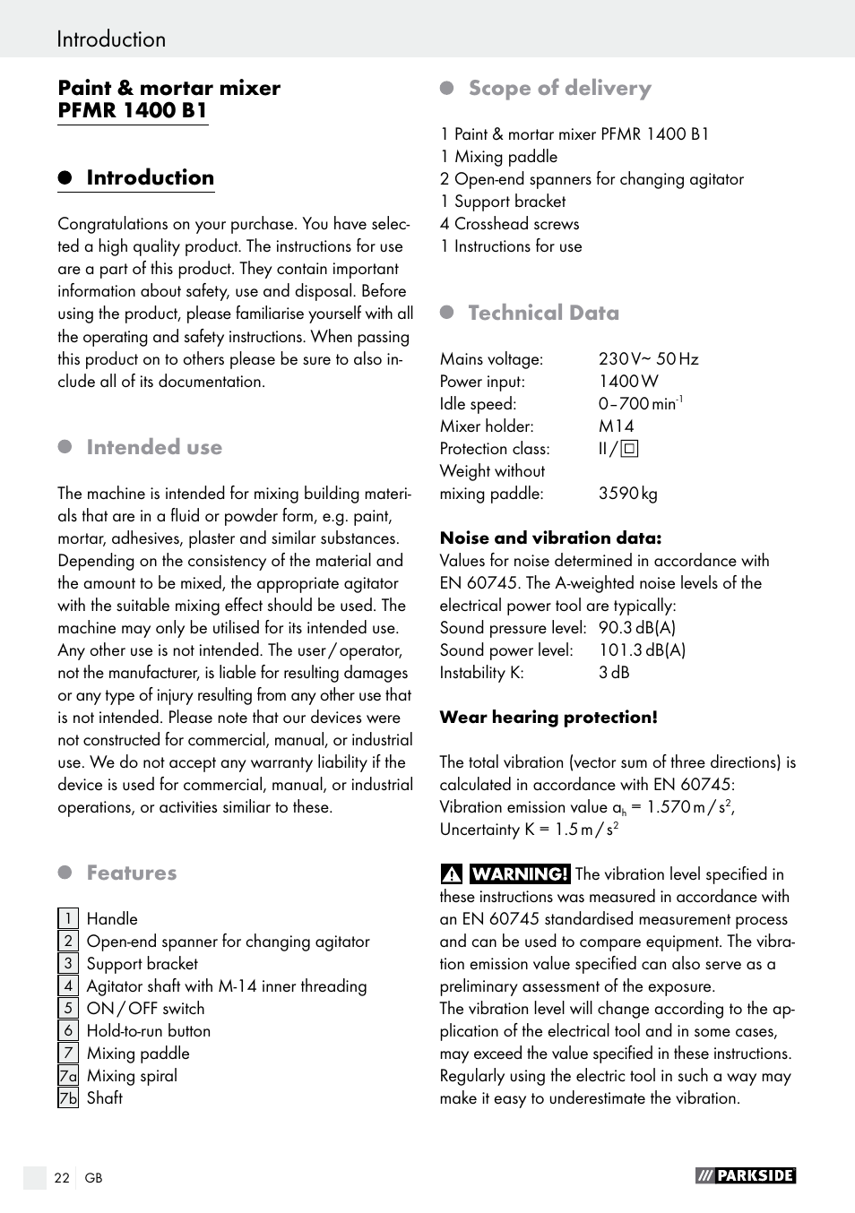 Introduction, Intended use, Features | Scope of delivery, Technical data | Parkside PFMR 1400 B1 User Manual | Page 22 / 28