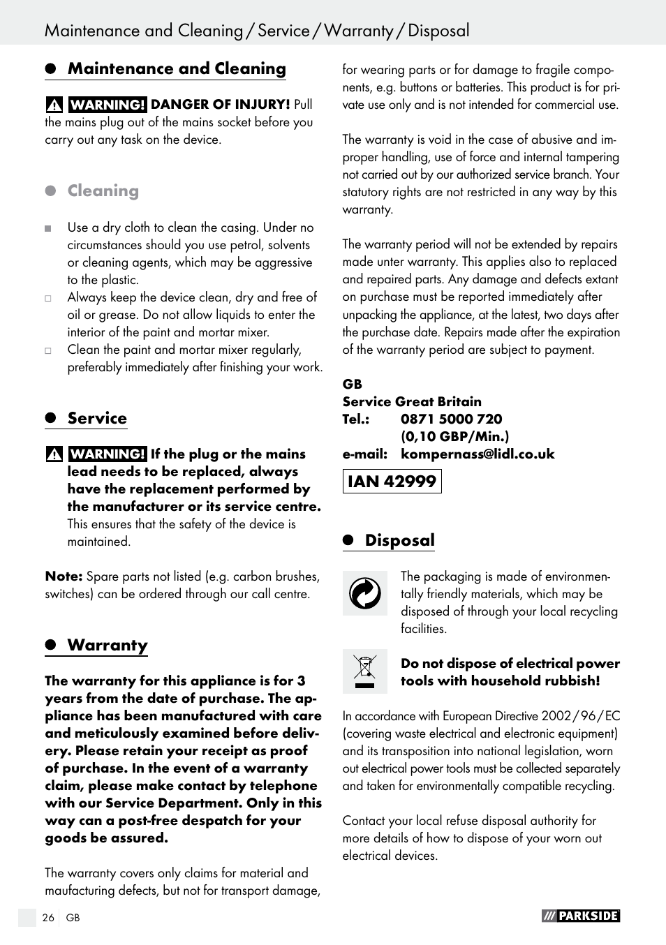 Maintenance and cleaning, Cleaning, Service | Warranty, Disposal | Parkside PFMR 1400 B1 User Manual | Page 26 / 28