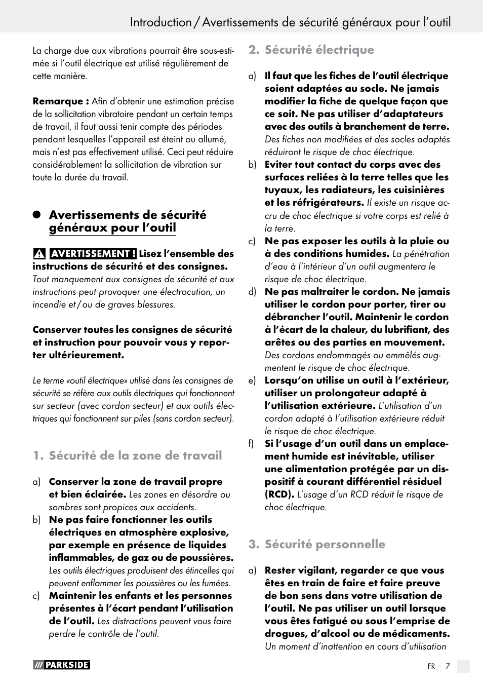 Avertissements de sécurité généraux pour l’outil, Sécurité de la zone de travail, Sécurité électrique | Sécurité personnelle | Parkside PFMR 1400 B1 User Manual | Page 7 / 28