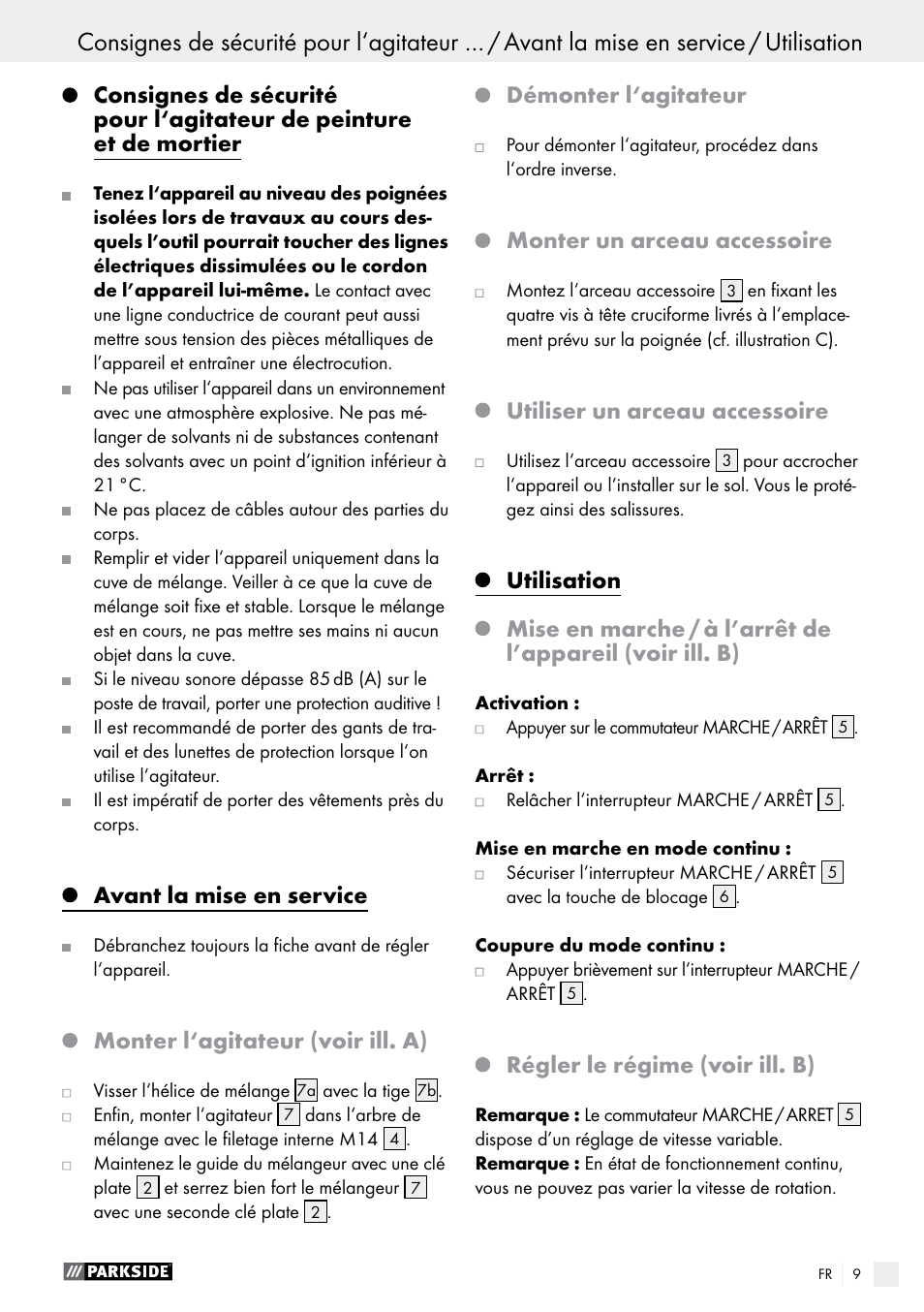 Avant la mise en service, Monter l‘agitateur (voir ill. a), Démonter l‘agitateur | Monter un arceau accessoire, Utiliser un arceau accessoire, Utilisation, Régler le régime (voir ill. b) | Parkside PFMR 1400 B1 User Manual | Page 9 / 28