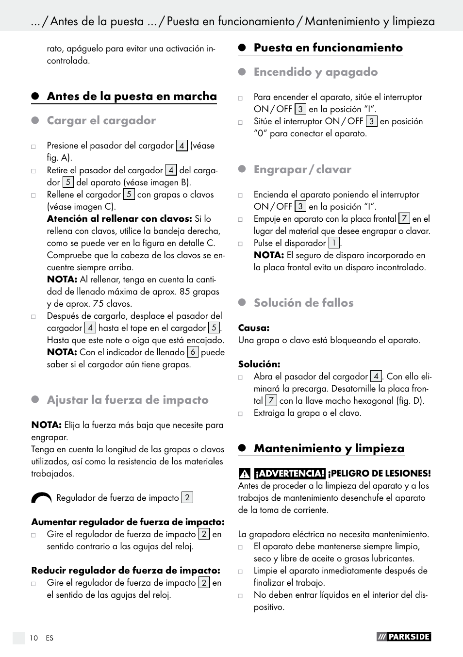 Antes de la puesta en marcha, Cargar el cargador, Ajustar la fuerza de impacto | Puesta en funcionamiento, Encendido y apagado, Engrapar / clavar, Solución de fallos, Mantenimiento y limpieza | Parkside PET 25 B1 User Manual | Page 10 / 45