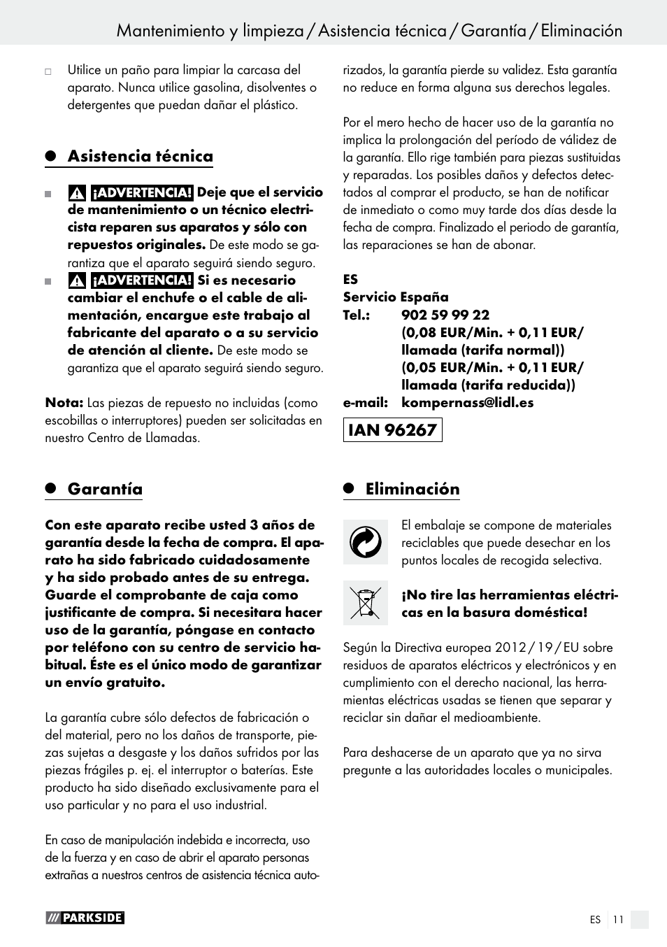 Asistencia técnica, Garantía, Eliminación | Parkside PET 25 B1 User Manual | Page 11 / 45