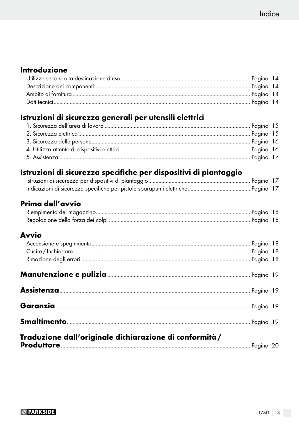 Indice | Parkside PET 25 B1 User Manual | Page 13 / 45
