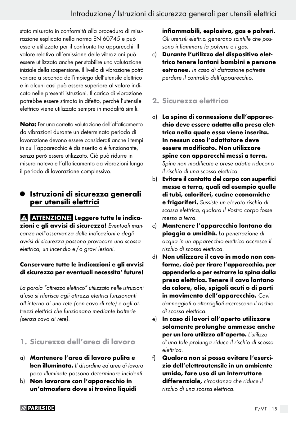 Sicurezza dell’area di lavoro, Sicurezza elettrica | Parkside PET 25 B1 User Manual | Page 15 / 45