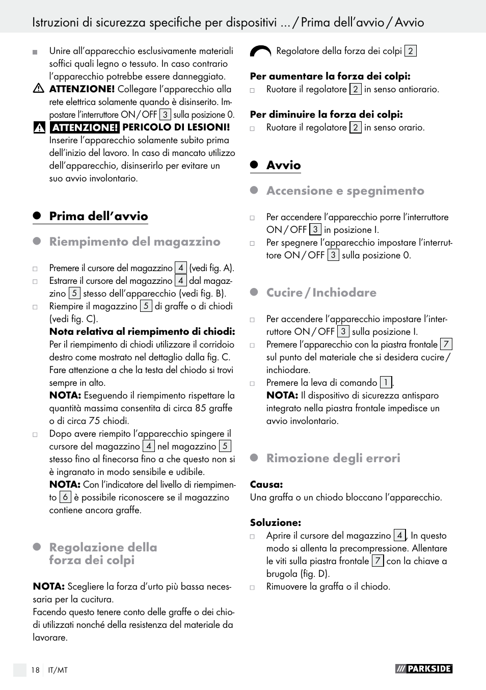 Prima dell’avvio, Riempimento del magazzino, Regolazione della forza dei colpi | Avvio, Accensione e spegnimento, Cucire / inchiodare, Rimozione degli errori | Parkside PET 25 B1 User Manual | Page 18 / 45