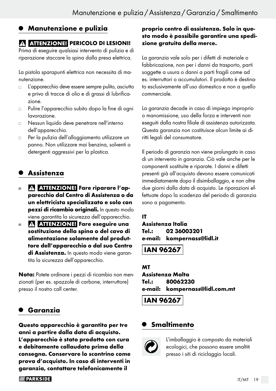 Manutenzione e pulizia, Assistenza, Garanzia | Smaltimento | Parkside PET 25 B1 User Manual | Page 19 / 45