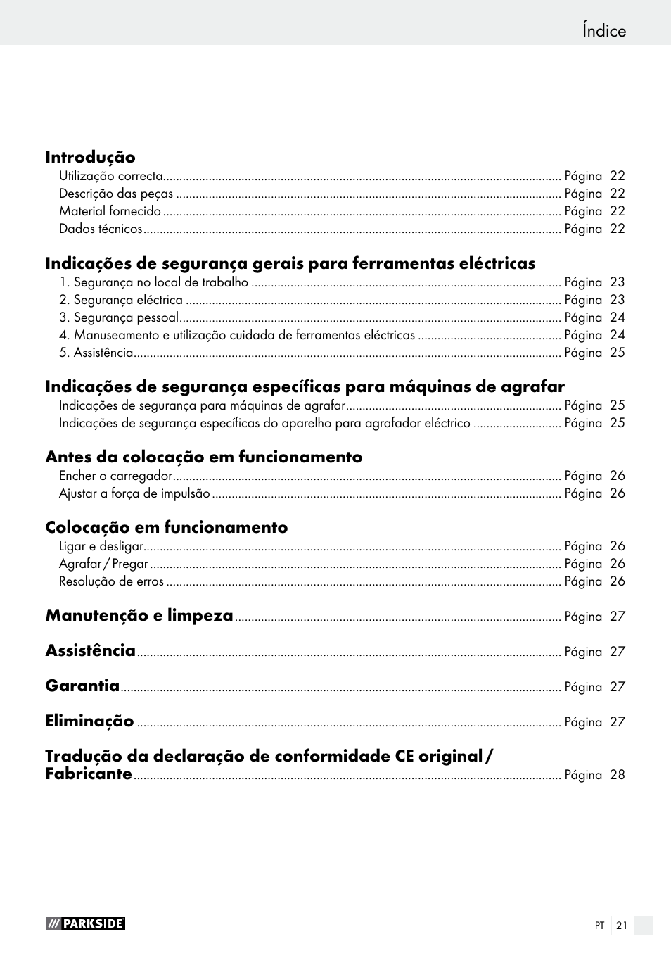 Índice | Parkside PET 25 B1 User Manual | Page 21 / 45