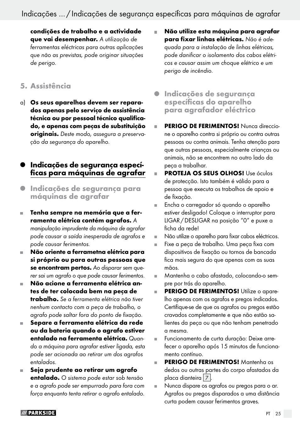 Assistência, Indicações de segurança para máquinas de agrafar | Parkside PET 25 B1 User Manual | Page 25 / 45