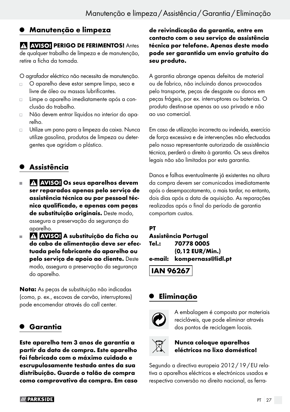 Manutenção e limpeza, Assistência, Garantia | Eliminação | Parkside PET 25 B1 User Manual | Page 27 / 45