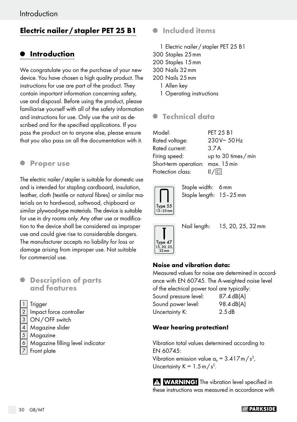 Electric nailer / stapler pet 25 b1, Introduction, Proper use | Description of parts and features, Included items, Technical data | Parkside PET 25 B1 User Manual | Page 30 / 45