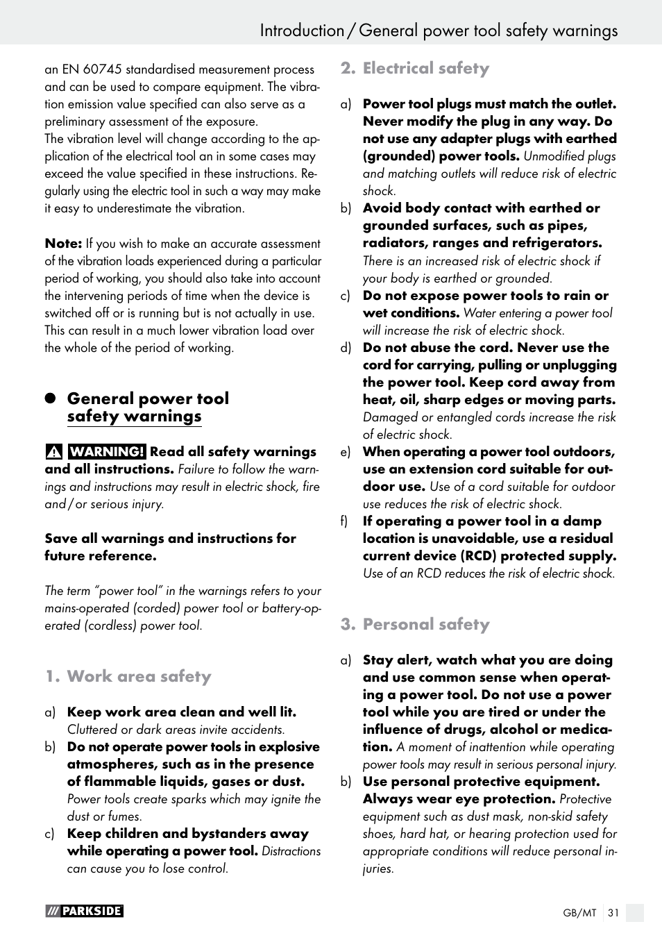 General power tool safety warnings, Work area safety, Electrical safety | Personal safety | Parkside PET 25 B1 User Manual | Page 31 / 45