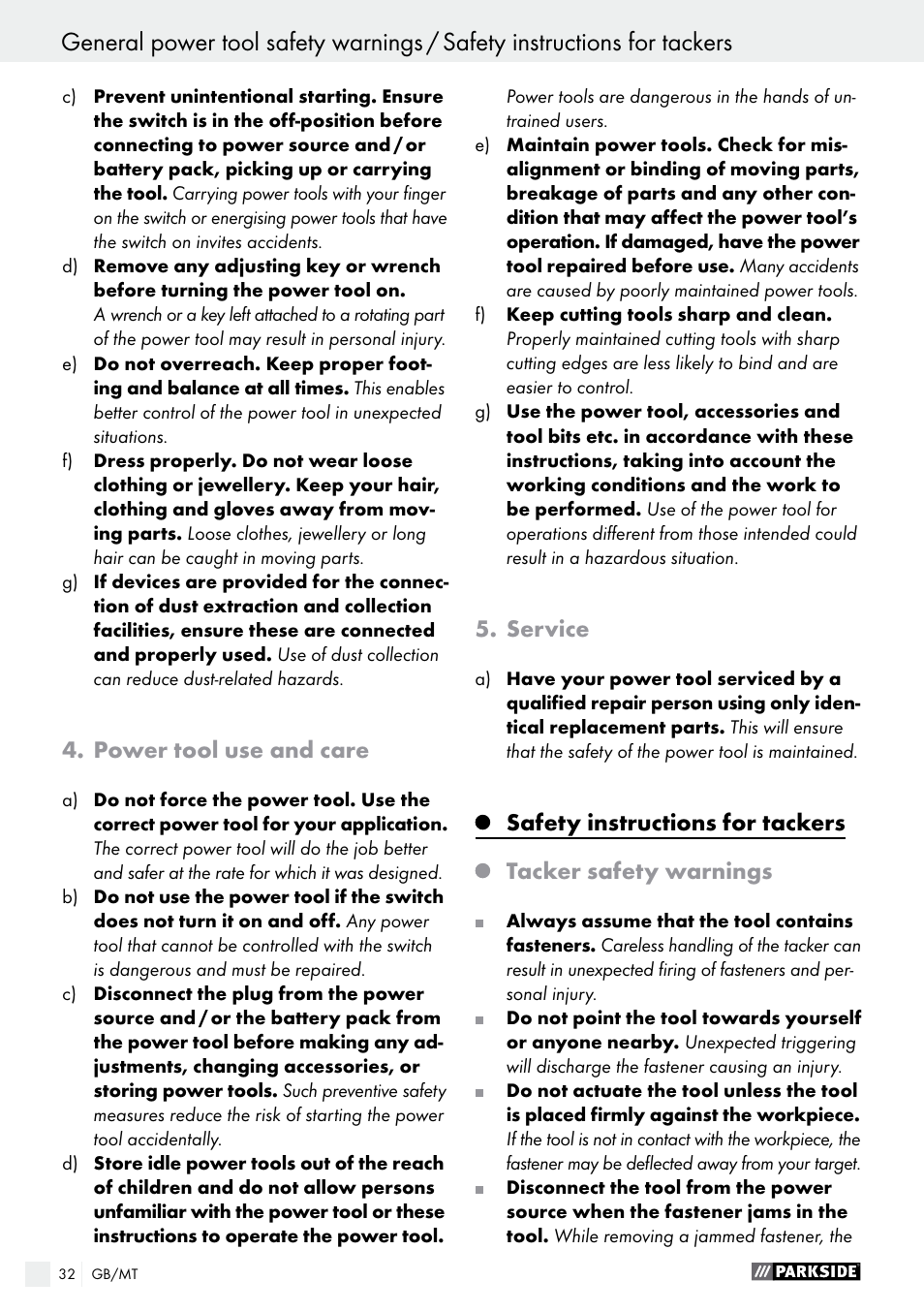Power tool use and care, Service, Safety instructions for tackers | Tacker safety warnings | Parkside PET 25 B1 User Manual | Page 32 / 45