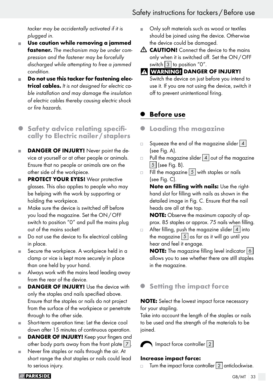 Before use, Loading the magazine, Setting the impact force | Parkside PET 25 B1 User Manual | Page 33 / 45